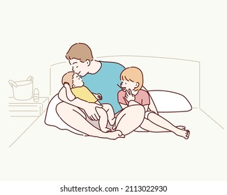 Family hugging together on the bed. Hand drawn style vector design illustrations.