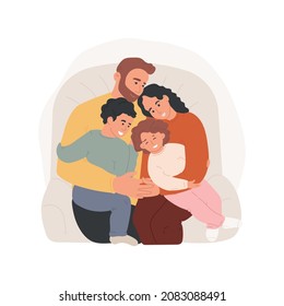 Family hugs isolated cartoon vector illustration. Parents and kids hugging, sitting on the sofa, children in the middle, family happy moment, sharing affection, giving a hug cartoon vector.