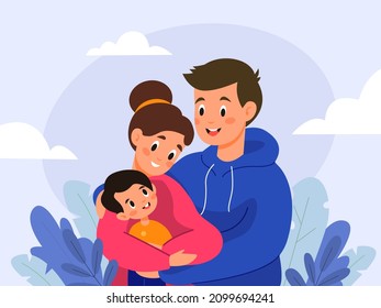 Family hugs. Little boy in parents arms, happy mom, dad and son, loving embrace, funny couple with child. Smiling man, woman and kid portrait, vector cartoon flat isolated concept