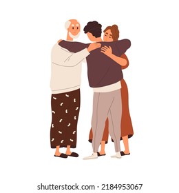 Family hugs, support. Parents and adult son meeting, hugging. Young man embracing mother, father with love. Reunion, reconciliation concept. Flat vector illustration isolated on white background