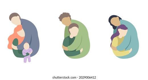 The family hugs. Vector illustration set of husband and wife with a child. Design for logo, banner, icon.