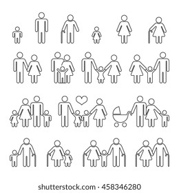 Family human thin line outline vector icons. Set of families in linear style, illustration family together mother father with baby