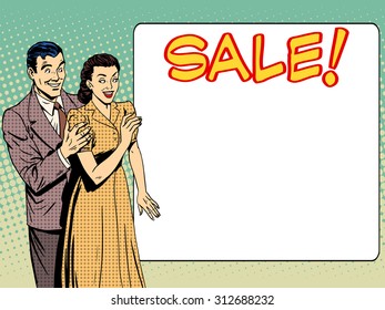 family husband wife announce sale. The man and the woman advertise discounts. Business concept goods services prices. Retro style pop art
