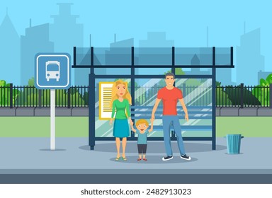 Family husband and wife with kid boy waiting for transit on a city bus stop. vector illustration in flat style