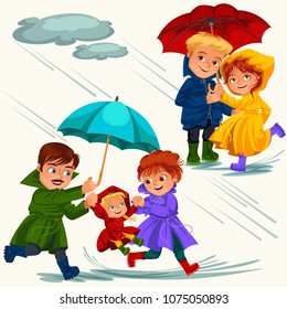 family husband and wife walking rain with umbrella in hands, raindrops dripping into puddles, dad and mom holding baby by hand, couple in love under raining clouds vector illustration