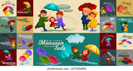 family husband and wife walking rain with umbrella in hands, raindrops dripping into puddles, dad and mom holding baby by hand, couple in love under raining clouds vector illustration