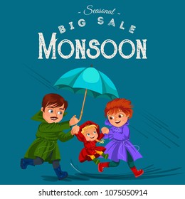 family husband and wife walking rain with umbrella in hands, raindrops dripping into puddles, dad and mom holding baby by hand, couple in love under raining clouds vector illustration