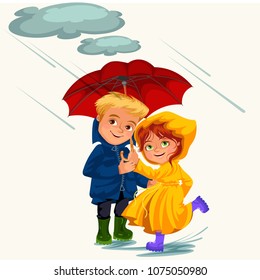 family husband and wife walking rain with umbrella hands, raindrops dripping into puddles, man and woman waterproof jacket rubber boots, couple in love under raining clouds vector illustration