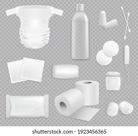 Family hygiene vector stuff toilet paper, baby diaper, wipes package and cotton pads. Soap, ear sticks and plugs, dental floss, woman tampon with oil bottle realistic 3d hygienic supplies isolated set