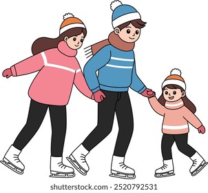 The family is ice skating, Christmas and Winter Illustration