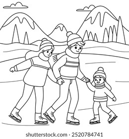 The family is ice skating coloring page. Christmas and Winter Illustration