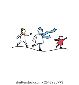 family ice skating on frozen lake scarves blowing