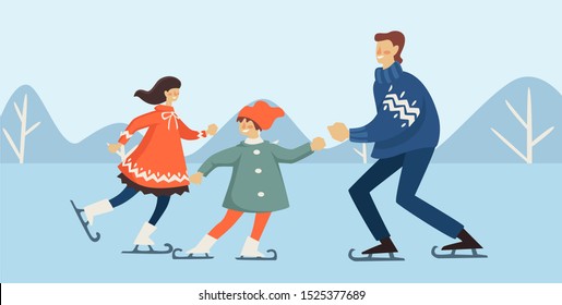 Family ice skating together. Father, dad skates with daughters, girls in knitted clothes on rink outdoors. Parent and kids winter day, holidays season vacation activity. Flat vector illustration.