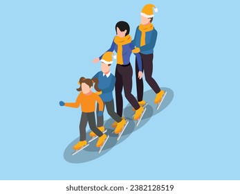 Family Ice Skating together on ice lake isometric 3d vector illustration concept
