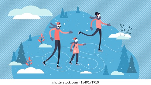 Family ice skating vector illustration. Flat tiny winter sports persons concept. Parents with children together outdoor activity with skates. Cheerful couple active lifestyle and seasonal holidays.