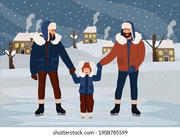 Family ice-skating outdoors. Male couple with their daughter. LGBT. Equality and self-affirmation. Vector illustration.