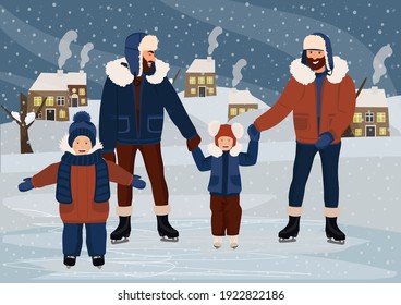 Family ice-skating outdoors. Male couple with their daughter. LGBT. Equality and self-affirmation. Vector illustration.