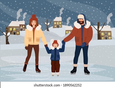 Family ice-skating outdoors. Vector illustration