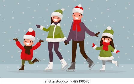 Family  ice-skating outdoors. Vector illustration of a flat design