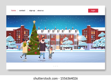 family at ice-skating rink merry christmas new year winter holidays concept parents and child spending time together cityscape background full length flat horizontal vector illustration