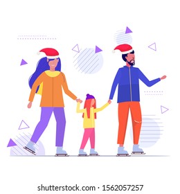 family at ice-skating rink winter sport activity merry christmas new year holidays concept parents with child in santa hats spending time together full length sketch vector illustration