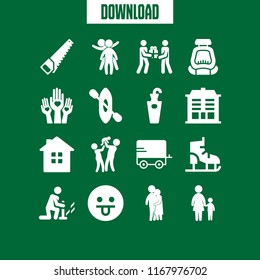family icon. 16 family vector set. mother with son silhouettes, handsaw, caravan and ice skate icons for web and design about family theme