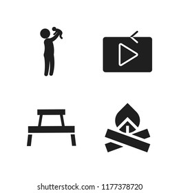 family icon. 4 family vector icons set. play video, rest area icon and bonfire icons for web and design about family theme