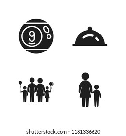 family icon. 4 family vector icons set. pool, mother with son silhouettes and family with balloons icons for web and design about family theme