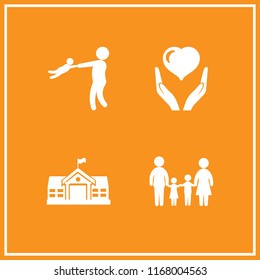 family icon. 4 family vector set. old school, familiar group of two children father and mother, father playing with son and health insurance icons for web and design about family theme