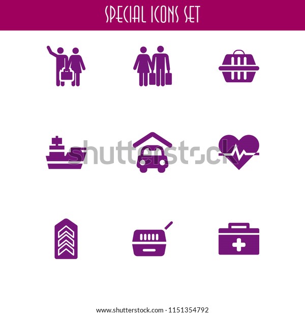 family icon. 9 family set\
with military, heart, pet and carport vector icons for web and\
mobile app