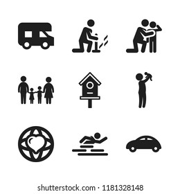 family icon. 9 family vector icons set. person with baby, world peace and hug icons for web and design about family theme