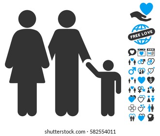 Family icon with bonus dating graphic icons. Vector illustration style is flat iconic blue and gray symbols on white background.
