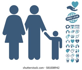 Family icon with bonus marriage design elements. Vector illustration style is flat iconic cyan and blue symbols on white background.