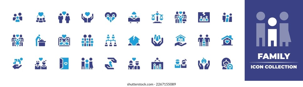 Colección de iconos de familia. Color de duotona. Ilustración vectorial. Conteniendo familia, solidaridad, pareja, corazón, comida familiar, escala de justicia, cambio de bebé, árbol, roto, refugiado, hogar, bebé.