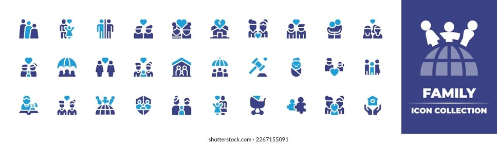 Family icon collection. Duotone color. Vector illustration. Containing team, single, divorce, couple, love, girlfriends, family, family insurance, home, adoption, baby, father, read, parents.