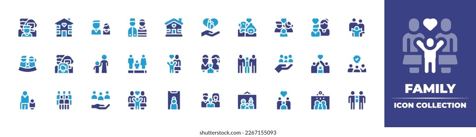 Colección de iconos de familia. Color de duotona. Ilustración vectorial. Consta de padres, orfanato, padre, pareja, casa, cuidado, bienestar, maternidad, familia, madre, soltera, hijo, seguro familiar, refugiados.