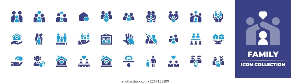 Family icon collection. Duotone color. Vector illustration. Containing family, home sweet home, parental control, home, frame, hands, no family, family tree, balance, grandfather, girlfriend. - Shutterstock ID 2267155109