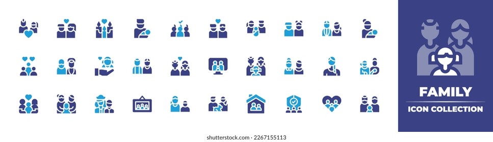 Kollektion von Familiensymbolen. Duotonfarbe. Vektorgrafik. Mit Vater, Eltern, Kerzen, Kind, Väter, Paar, Mutter, Menschen, Mädchen, Großeltern, Bildschirm, Enkelin, Familie.