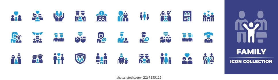 Kollektion von Familiensymbolen. Duotonfarbe. Vektorgrafik. Mit Adoption, Familie, Eltern, lgbtq, Großeltern, Dokument, Pflegefamilie, Mutter, Vater, Paar, Vater, Tochter.