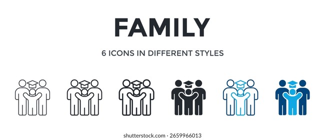 Familiensymbol in einer anderen Vektorgrafik. Konzipiert in dünner Linie, regelmäßige Linie, fette Linie, Glyphe, Farblinie und Farbe Glyphe Stil kann für Web verwendet werden