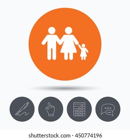 Family icon. Father, mother and child symbol. Speech bubbles. Pen, hand click and chart. Orange circle button with icon. Vector