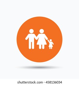 Family icon. Father, mother and child symbol. Orange circle button with flat web icon. Vector