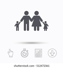 Family icon. Father, mother and child symbol. Stopwatch timer. Hand click, report chart and download arrow. Linear icons. Vector