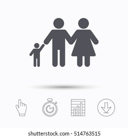 Family icon. Father, mother and child symbol. Stopwatch timer. Hand click, report chart and download arrow. Linear icons. Vector