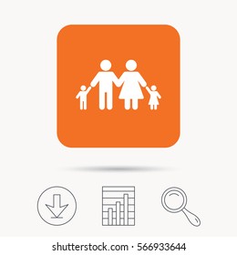 Family icon. Father, mother and child symbol. Report chart, download and magnifier search signs. Orange square button with web icon. Vector