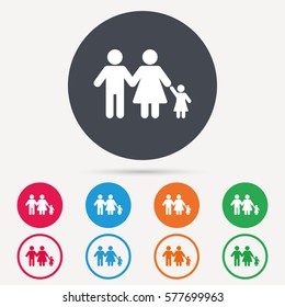 Family icon. Father, mother and child symbol. Round circle buttons. Colored flat web icons. Vector