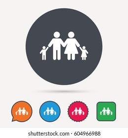 Family icon. Father, mother and child symbol. Circle, speech bubble and star buttons. Flat web icons. Vector