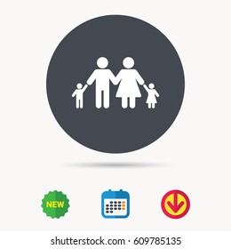 Family icon. Father, mother and child symbol. Calendar, download arrow and new tag signs. Colored flat web icons. Vector