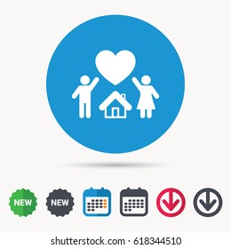 Family icon. Father, mother and child symbol. Calendar, download arrow and new tag signs. Colored flat web icons. Vector