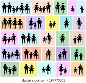 family icon with father, mother, grandfather, grandmother, daughter, son, divorce, old, alone,  happy, couple, sibling, vector set